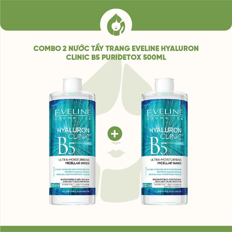 [VÕ HÀ LINH x EVELINE]-COMBO 2 Nước tẩy trang Eveline Hyaluron Clinic B5 Puridetox tẩy sạch nhẹ dịu 500ml