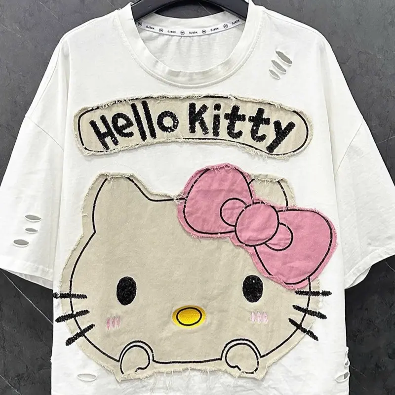 ÁO PHÔNG COTTON HAI CHIỀU LẠNH THÊU ĐÁP KIM SA HÌNH MẶT MÈO RÁCH TAY