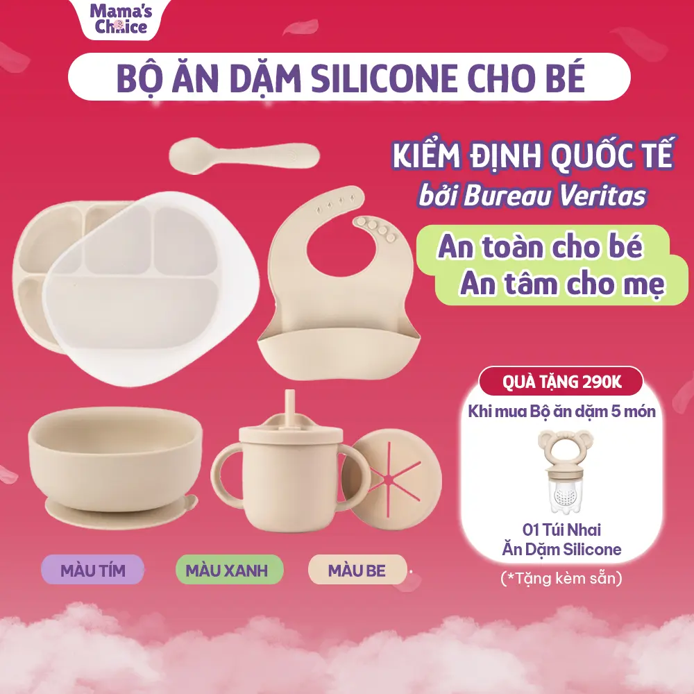 Bộ Ăn Dặm Cho Bé Thương Hiệu Mama's Choice, Combo Ăn Dặm Bát-Khay-Thìa-Cốc+YếmSilicone Cao Cấp