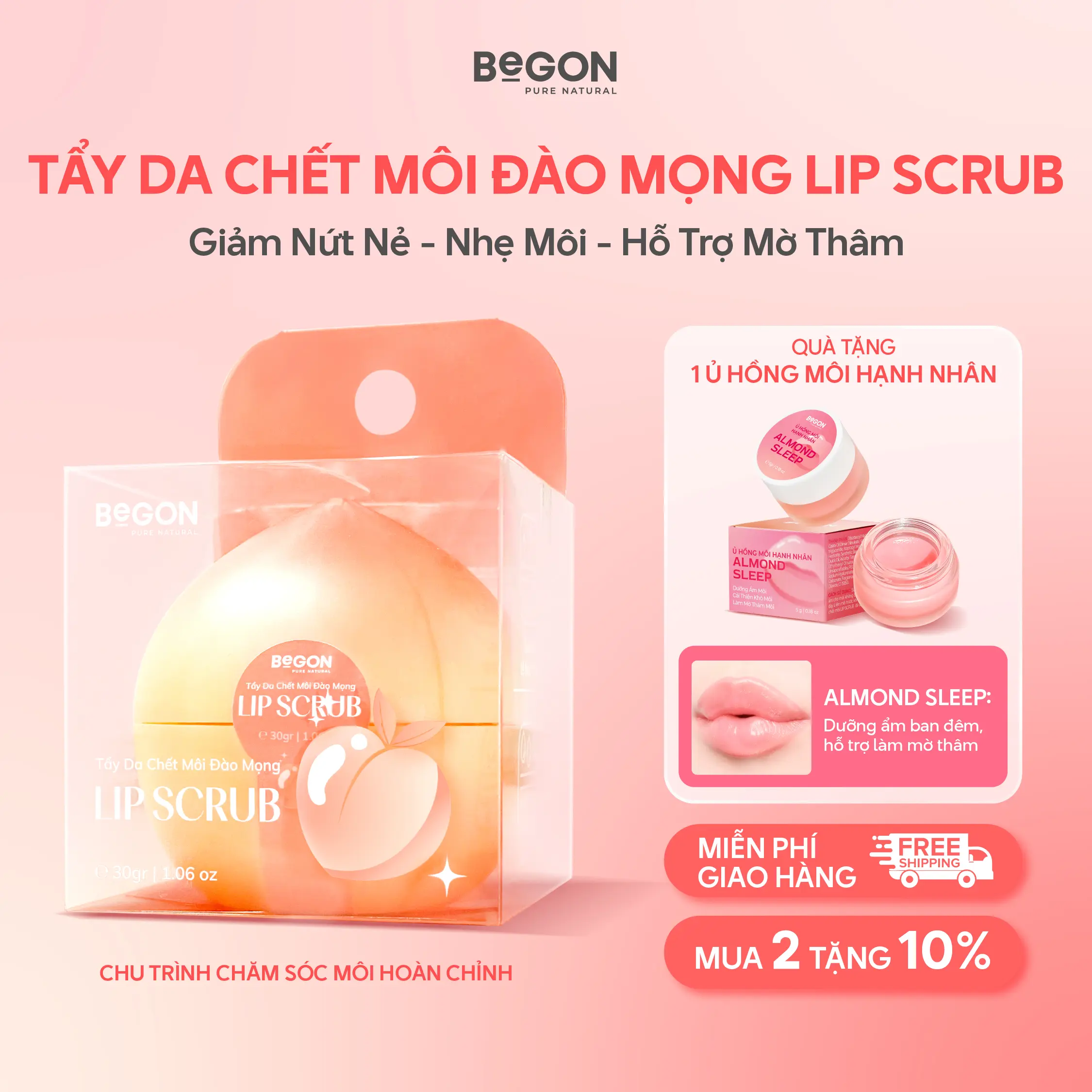 Tẩy Da Chết Môi Đào Mọng BeGON LIP SCRUB 30gr Tặng Ủ Hồng Môi Hạnh Nhân ALMOND SLEEP 5gr Dưỡng Ẩm Mềm Mịn Cải Thiện Sắc Môi Hồng Tự Nhiên