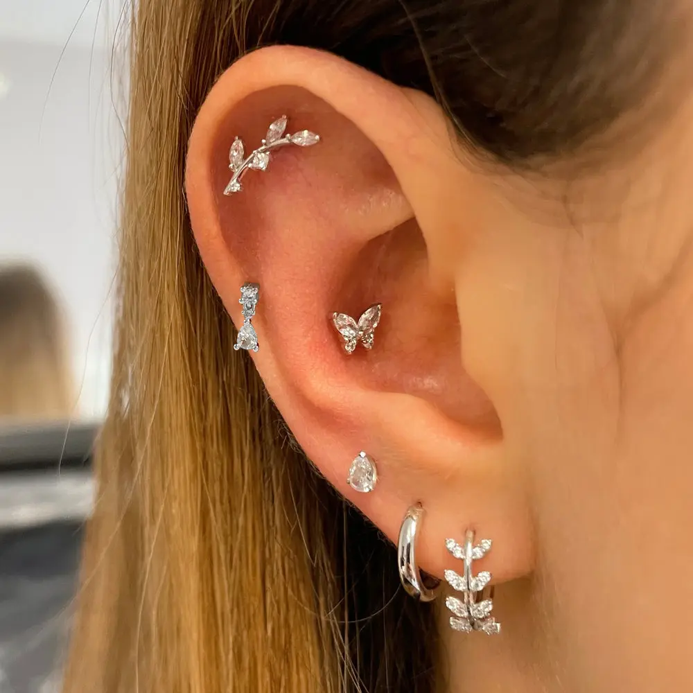 Cartilage Stainless Steel Stud Women's Earrings Piercing Zircon Butterfly Ear Hoop Lobe Tragus helix Jewelry