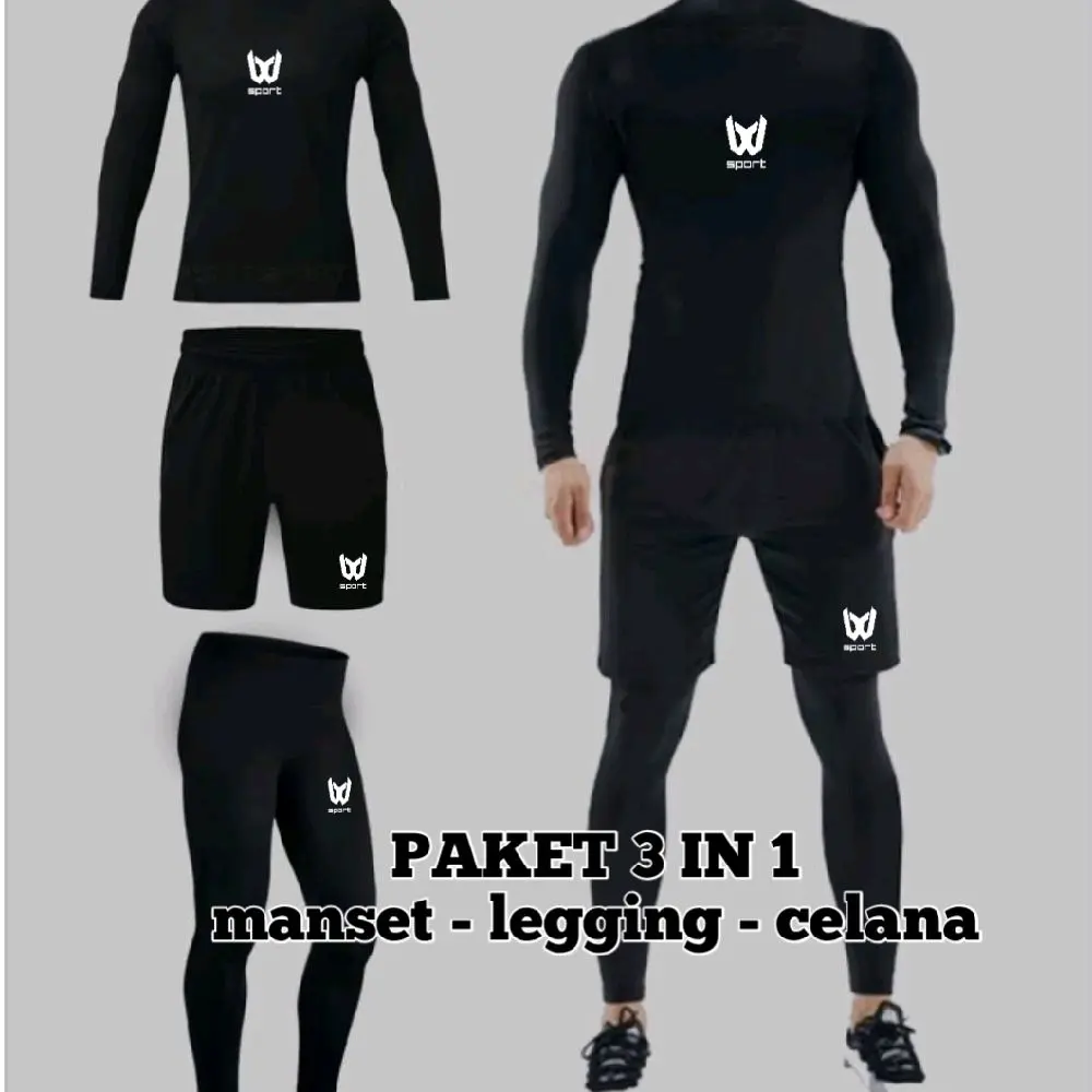 Set 3in1 Pakaian Olahraga Pria Wanita Manset Lengan Panjang, Leging, dan Celana Pendek Hitam - Sport murah terbaru