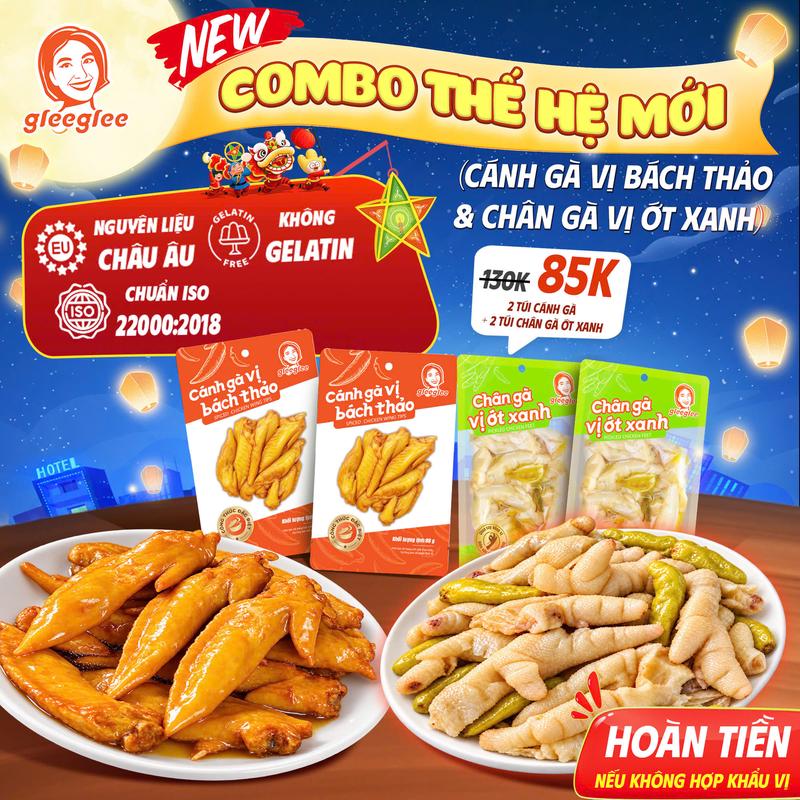 Combo Cánh Gà Vị Bách Thảo & Chân Gà Ớt Xanh Gleeglee - Set 4 Gói Ăn Liền, Đậm Đà Thơm Ngon, 2 Vị Đặc Sắc, Chuẩn ISO 22000, Càng Ăn Càng Cuốn 88g/Gói