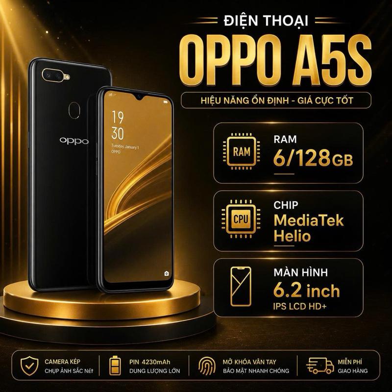 269-2nd hand- Điện Thoại OPPO A5s Giá Rẻ, Mẫu Mã Đa Dạng, Thiết Kế Hiện Đại, Cấu Hình Ổn Định Ram 6/126GB, Màn Hình 6.2 inch Tai Thỏ HD+, Hỗ Trợ 2 Sim 2 Sóng, Đáp Ứng Tốt Các Nhu Cầu Sử Dụng