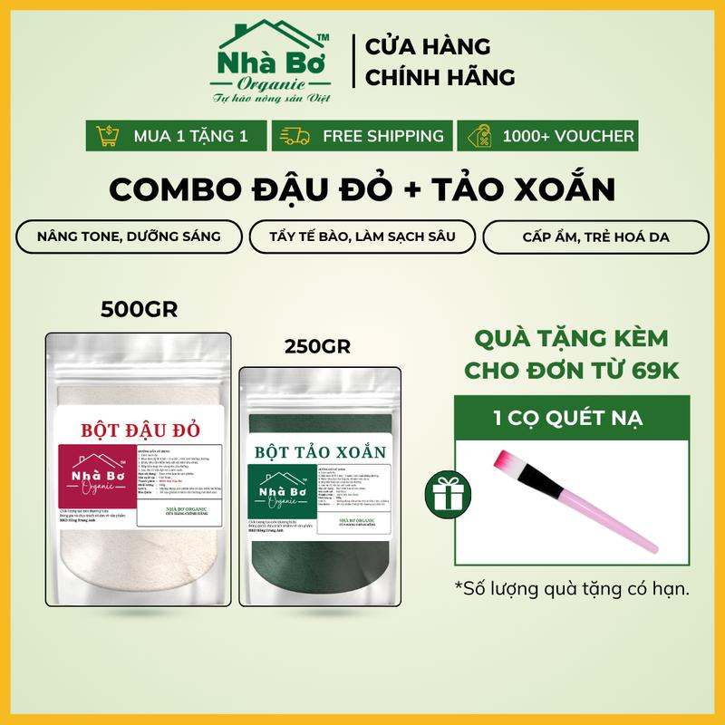 Combo 2 Gói [500g Bột Đậu Đỏ + 250g Tảo Xoắn] | Nhà Bơ Organic - Giúp Tẩy Tế Bào, Dưỡng Sáng, Cấp Ẩm Cho Da Mặt và Body 0