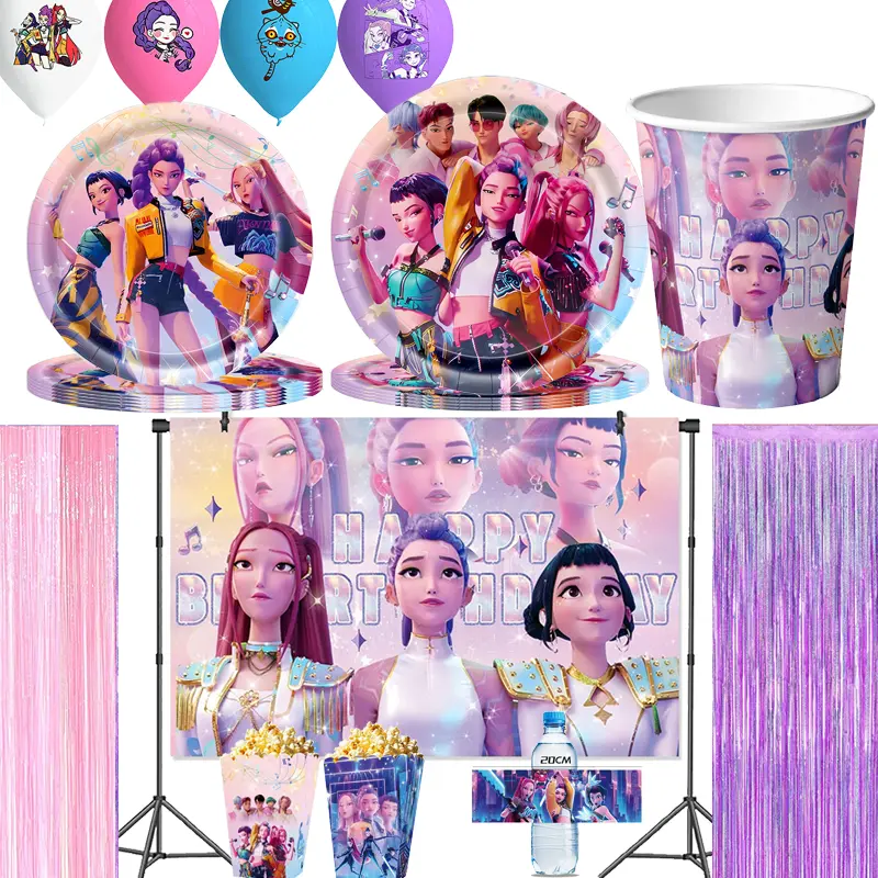 Kpop Demon Hunter Birthday Decoration Girls Birthday Supplies Party Tableware Balloons Kit Backdrop Banner Plates Favors Supply