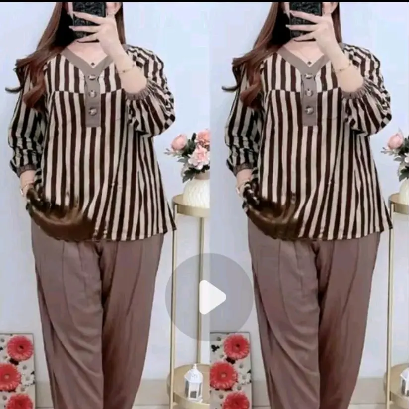 Setelan Wanita Motif Salur  Garis Nyaman  Lembut - Lingkar Dada 100-115 cm - Baju  Atasan Dewasa Celana Panjang