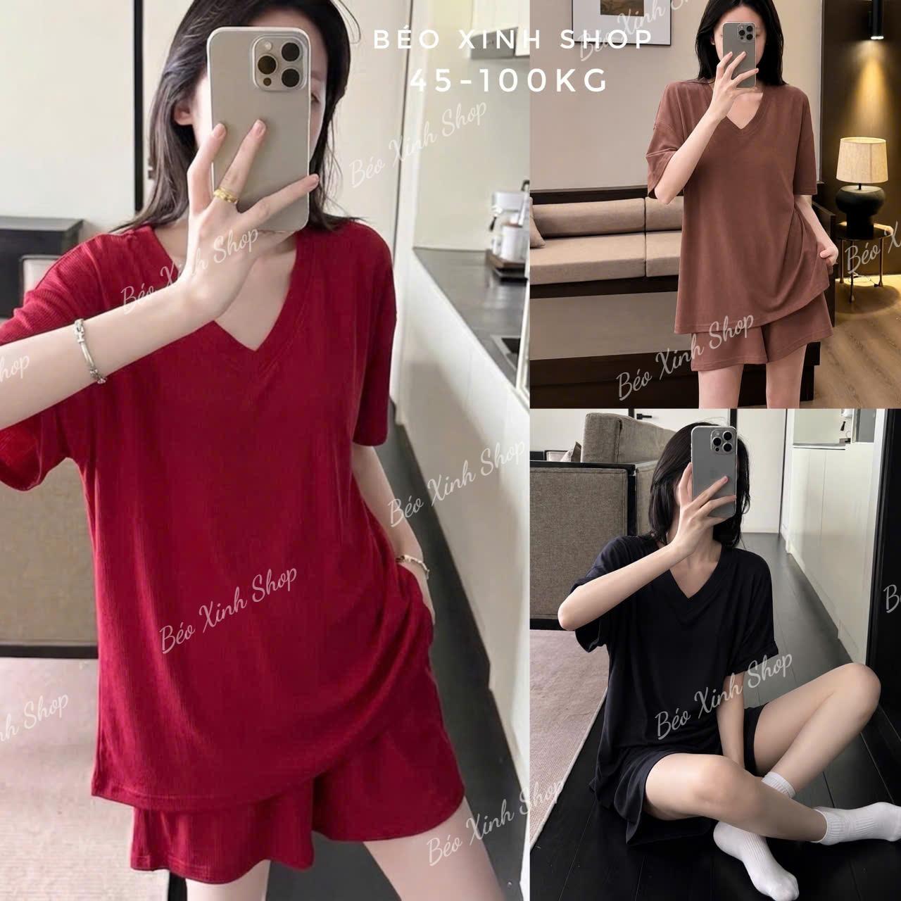 Béo Xinh Shop Đồ Bộ Mặc Nhà Nữ Bigsize Cổ Tim, Áo Form Rộng Quần Short Thun Mềm Mát Chất Thun Tăm Lạnh 40-100kg - A.1827