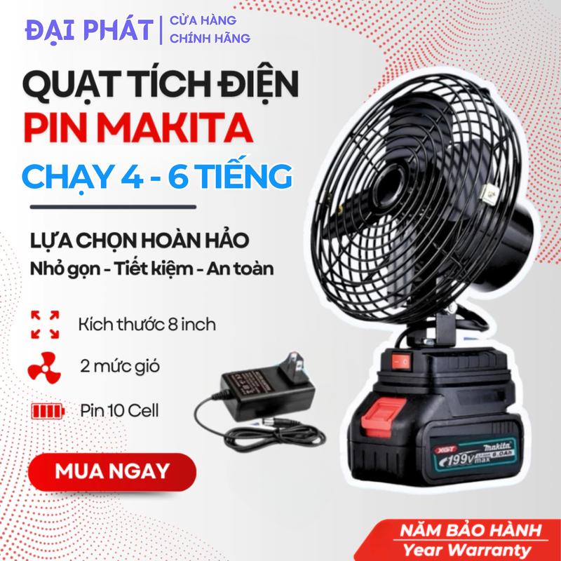 Quạt Tích Điện Lồng Sắt Cánh Sắt  Pin 10 Cell Dùng Liên Tục 8H, Quạt Makita Để Bàn 2 Cấp Độ Gió Siêu Mát