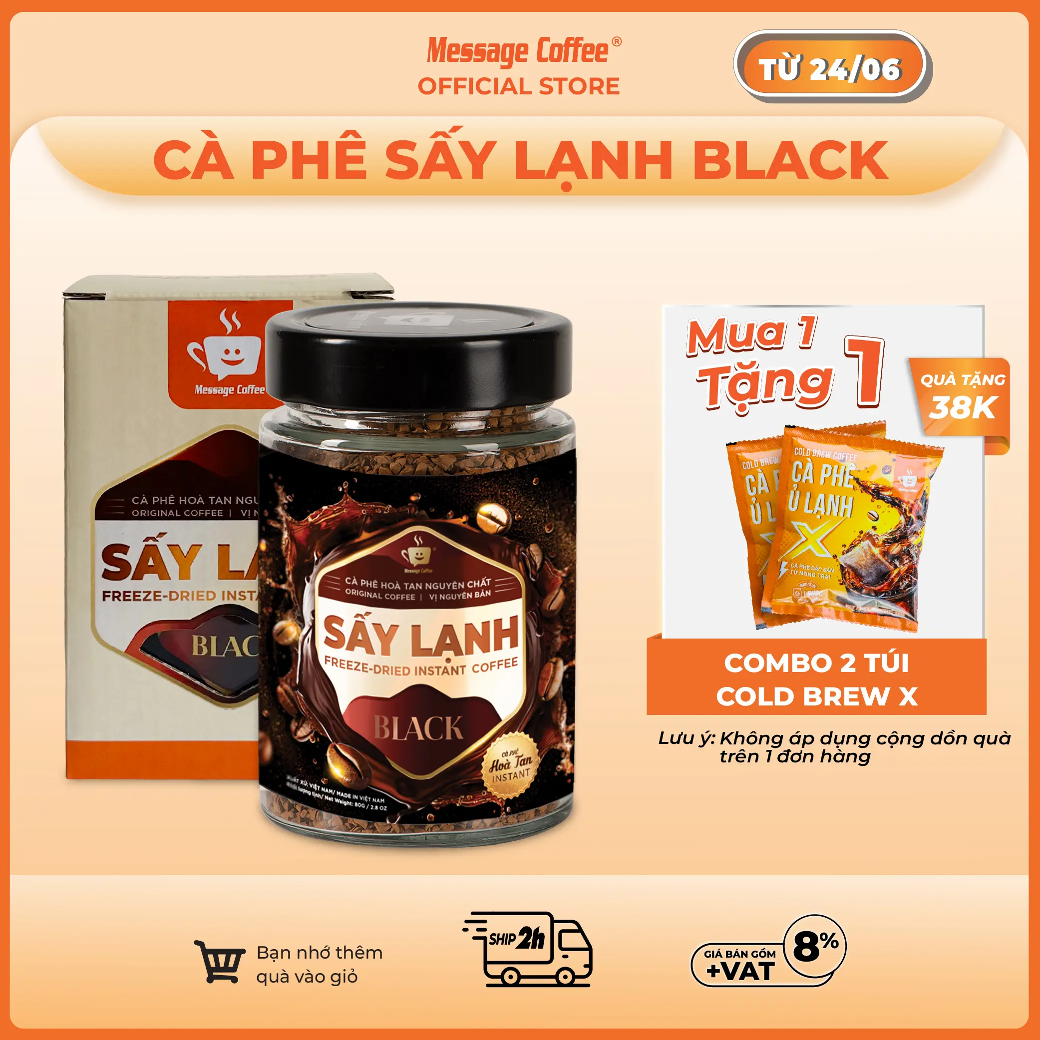 Cà phê hòa tan sấy lạnh BLACK nguyên chất tiện lợi từ Message Coffee hũ 20/80gr