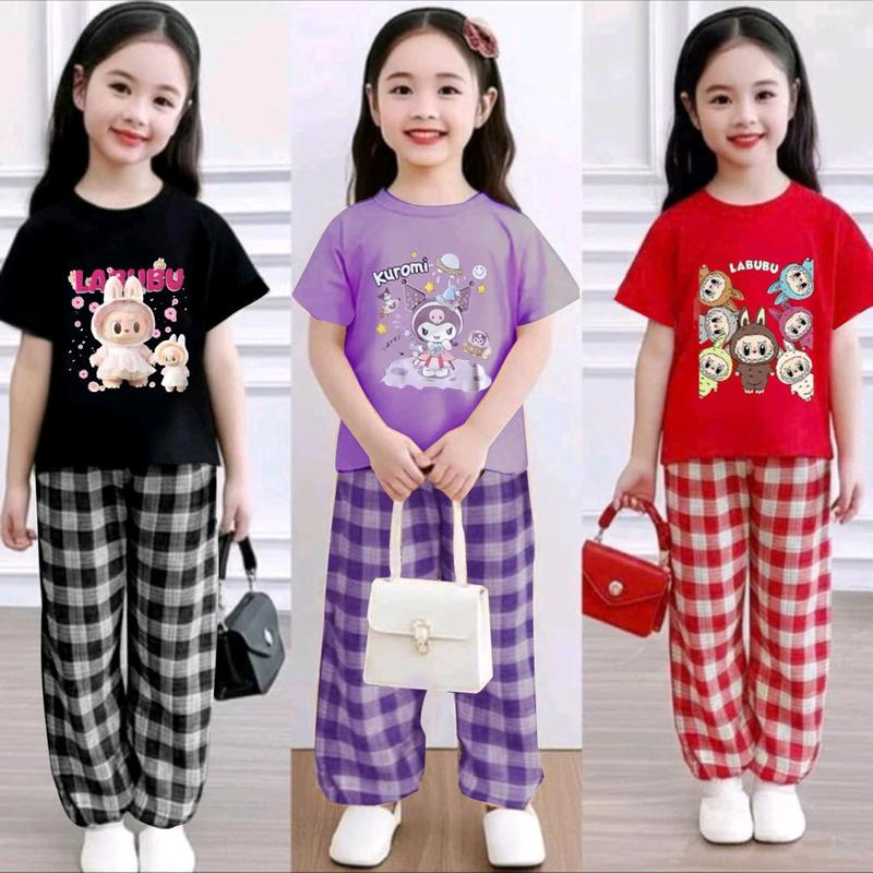 COMBO 3 Bộ áo cộc quần kẻ dài bé gái in hình LABUBU dễ thương 10_55kg