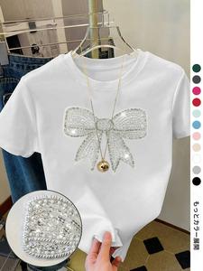 レディースの漫画のちょう結びプリントのラウンドネックTシャツ、ファッションカジュアルなクルーネックの半袖Tシャツを毎日の休日の休暇のアウトドアウェアとして、すべての季節のレディース服、トップ