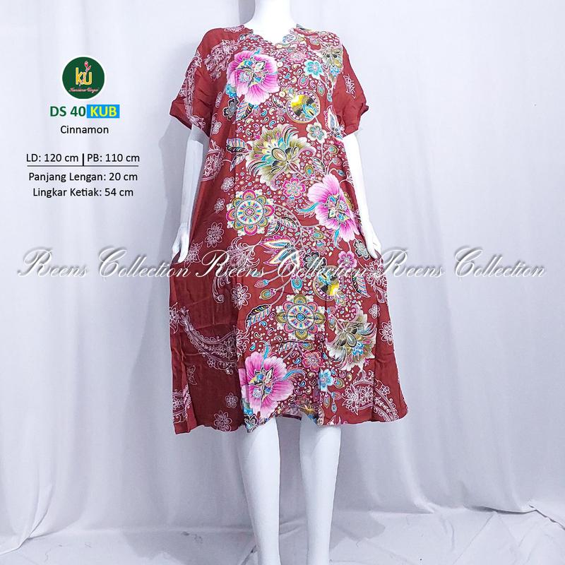 Kencana Ungu Daster 40 KUB Label Biru | Daster Tangan Pendek Di Bawah Lutut Leher Bergelombang 3 Kancing Depan Batik Busui 1
