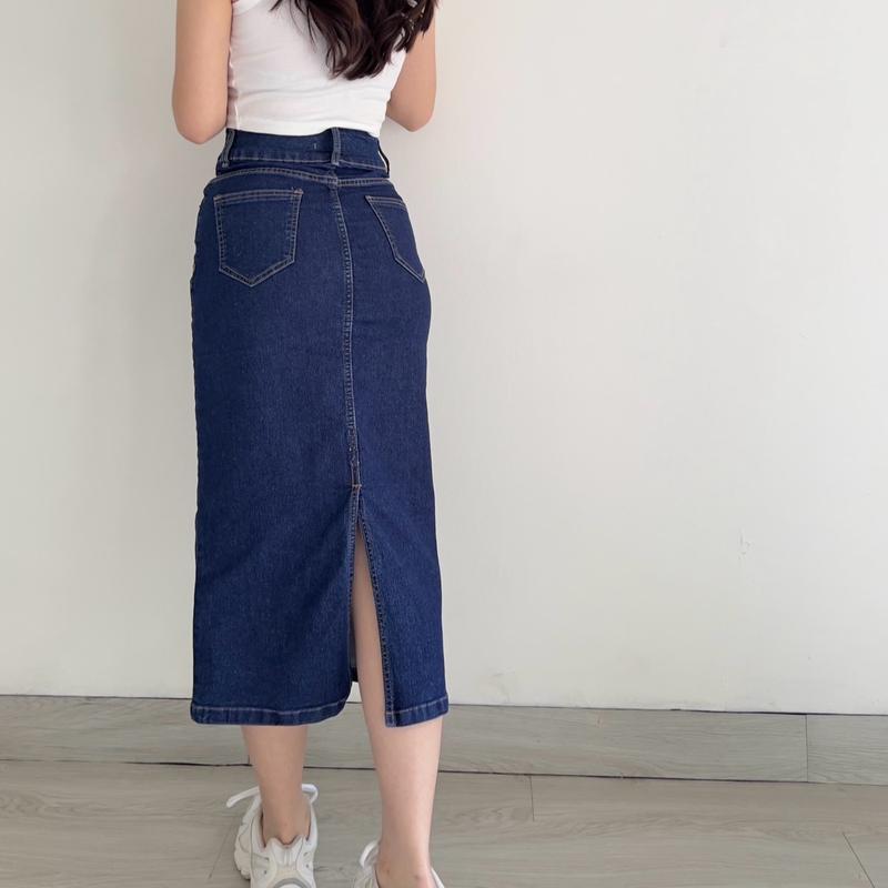 KLAVEE — JOAN DENIM SKIRT STRETCH / Rok Jeans Midi Wanita / High Waist Stretch Melar Korean Style 4