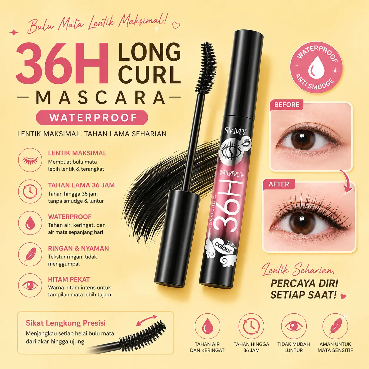 36H Long Curl Mascara Waterproof - Maskara Lentik Panjang Tebal Hitam Pekat Smudge Proof Tahan Lama