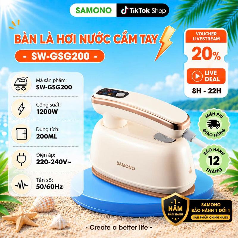Bàn Ủi Hơi Bàn Là Hơi Nước Cầm Tay SAMONO SW-GSG200 Công Suất 1200W, 2 Chế Độ Ủi Nước Và Ủi Khô Ủi Mọi Loại Vải, Bình Nước Lớn Gấp Gọn, Bảo Hành 12 Tháng