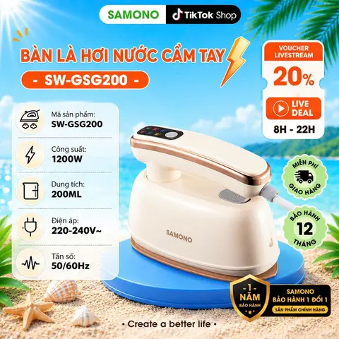 Bàn Ủi Hơi Bàn Là Hơi Nước Cầm Tay SAMONO SW-GSG200 Công Suất 1200W, 2 Chế Độ Ủi Nước Và Ủi Khô Ủi Mọi Loại Vải, Bình Nước Lớn Gấp Gọn, Bảo Hành 12 Tháng