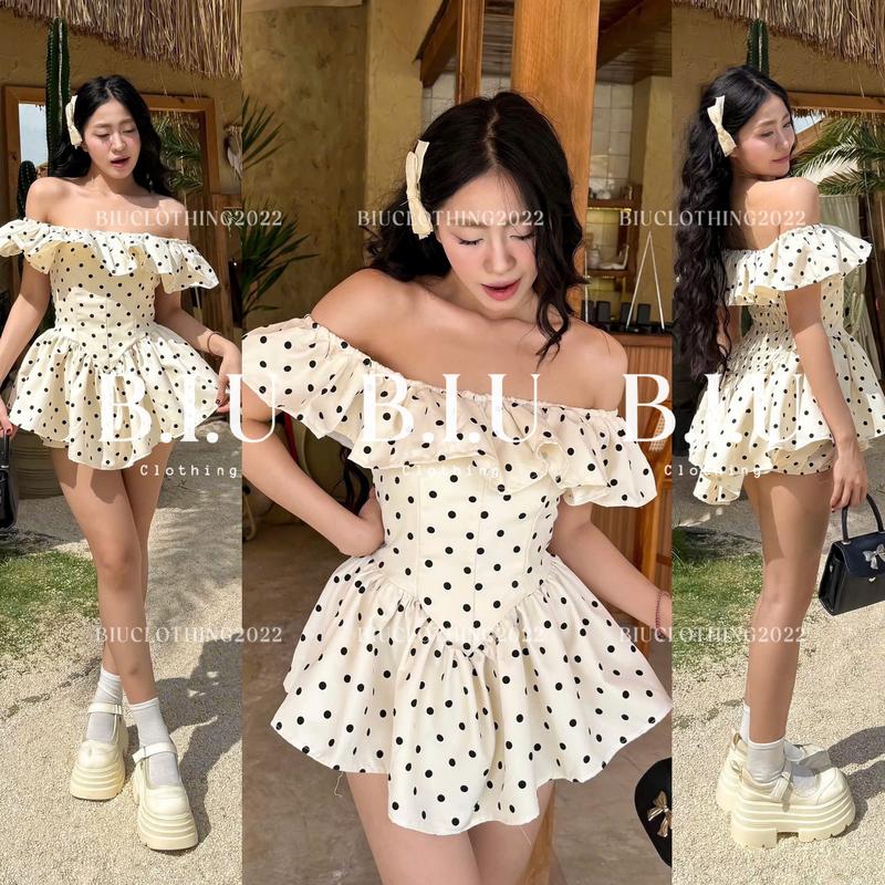 Set áo trễ vai và quần bí tay bèo chiết eo dáng xòe dễ thương đáng yêu Ophe Set Biu Clothing BB0498