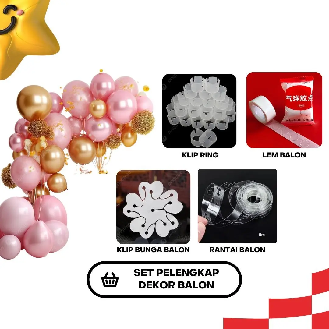 Set Pelengkap Dekorasi Balon | LEM, RANTAI, RING, KLIP BUNGA