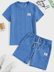 メンズ 無地テクスチャーTシャツ & ウエストドローコードショーツ レギュラーフィット カジュアル 半袖 Tシャツ & ポケット付きショーツ、セットアップ