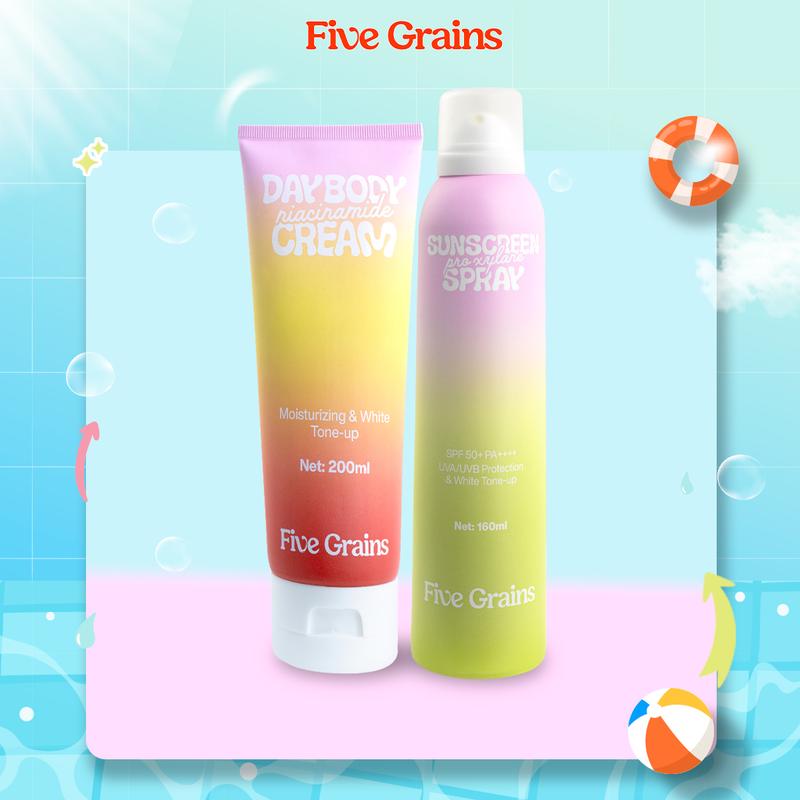 [A] Combo Xịt chống nắng 160ml và Kem dưỡng body nâng tone ban ngày 200ml Five Grains giúp dưỡng trắng da