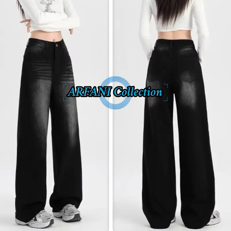 ARFANI - Celana Highwaist | Baggy Jeans Retro Oversize | Celana Gombrong Skena Wanita | Retro Loose Korean Style | Celana Kulot Jeans | Celana Panjang