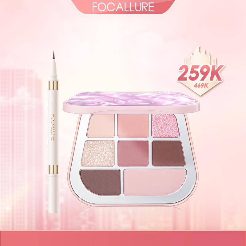 FOCALLURE Bộ 2 Sản phẩm Bảng phấn mắt 8 ô + Bút kẻ mắt nước hai đầu hỗ trợ chống nước