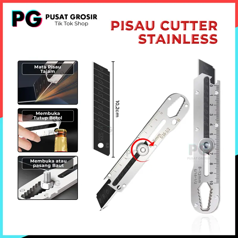 Pisau cutter stainless 9in1 kater tajam multifungsi pembuka tutup botol penggaris 0