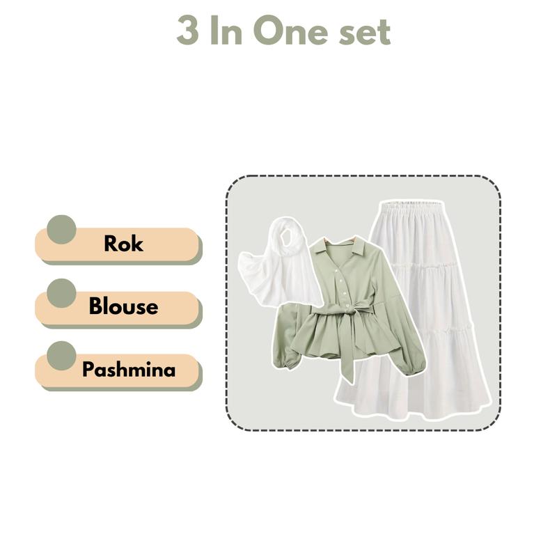 Set Baju Oary Blouse Sage + Rok Ruffle Panjang + Pasmina Ceruty Baby Doll Mauve untuk Wanita Modern | BS47- Crepe, Cantik 2