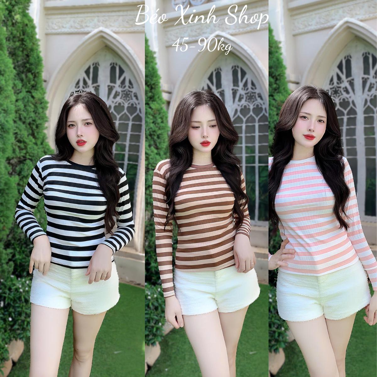 Áo Thun Nữ Tay Dài Phối Cổ Tròn Vải Thun Tăm 45- 90Kg Bigsize Dễ Thương Top Nữ Women - B.1553