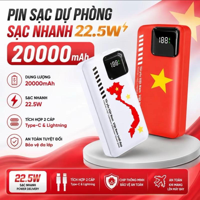 VBB- Sạc dự phòng VN 30475 sạc nhanh 22.5w có dây sạc kèm theo và màn hình hiển thị