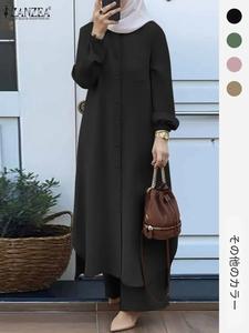 レディース 2点セット 無地 アシンメトリーヘム ボタンフロント ロング丈シャツ＆ワイドパンツ、カジュアル ポケット付き ビショップスリーブの襟付きトップス＆ウエストゴムパンツ、秋冬向け 日常使いのレディースウェア