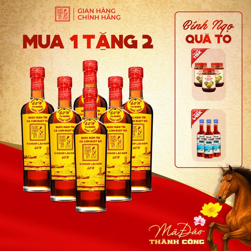 Tặng 3 Kiết Thành và 3 Sốt muối chấm Thùng 6 Chai 60N 500ml Nước Mắm Tĩn Cá Cơm Ruột Đỏ Độ Đạm 60N Chai Thuỷ Tinh 500ml Nước Mắm Truyền Thống