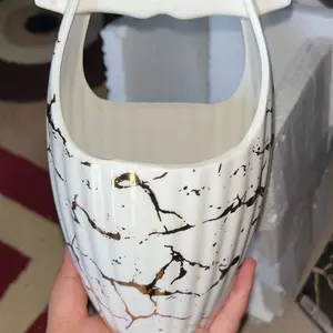 Fiorenza - Tempat Sendok Garpu Keramik dengan Rak & Tutup Wadah Peralatan Makan Estetik & Mewah | Motif Marble Linning Gold Emboss Bunga 789 780A 788