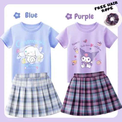 Bộ Đồ Bé Gái Duyên Dáng, Áo Phông Cotton Hình Thỏ Hoạt Hình, ngắn Tay, Váy JK, Váy Kẻ Sọc, 2 Chiếc, Có Thắt Nơ Quần