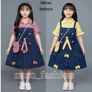 (FREE TAS )Larisya Dress Jeans Salur Anak Perempuan Usia 3-10 Tahun Midi Dress Pita Cantik Korean Style Premium Dress Kondangan Anak Terbaru 2025 Viral-Dress Jeans Anak Perempuan Viral kekinian  Gaun