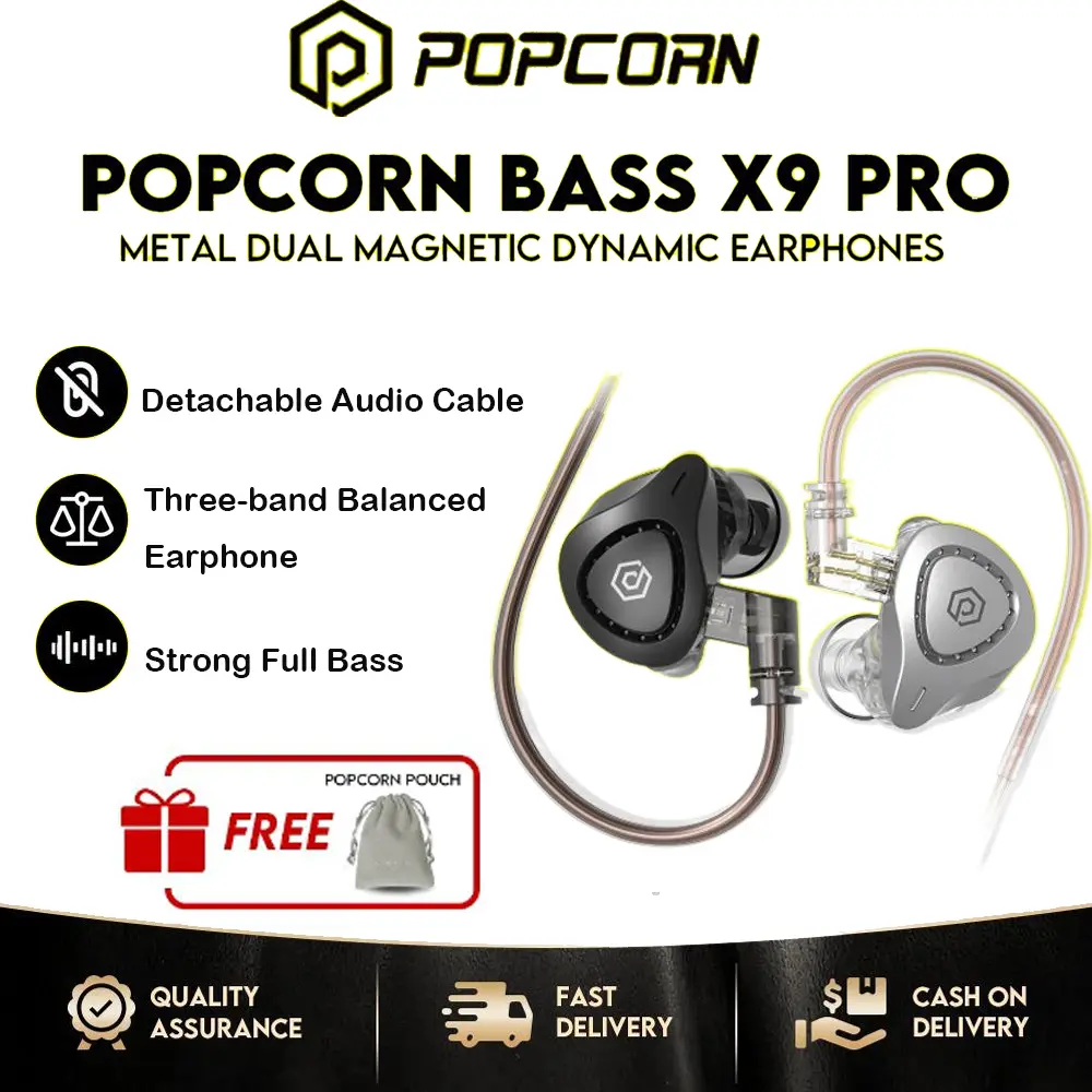 Popcorn Bass X9 Pro Earphone In-Ear Dinamis Logam HIFI DJ dengan Mikrofon Gaming Earphone Tipe C