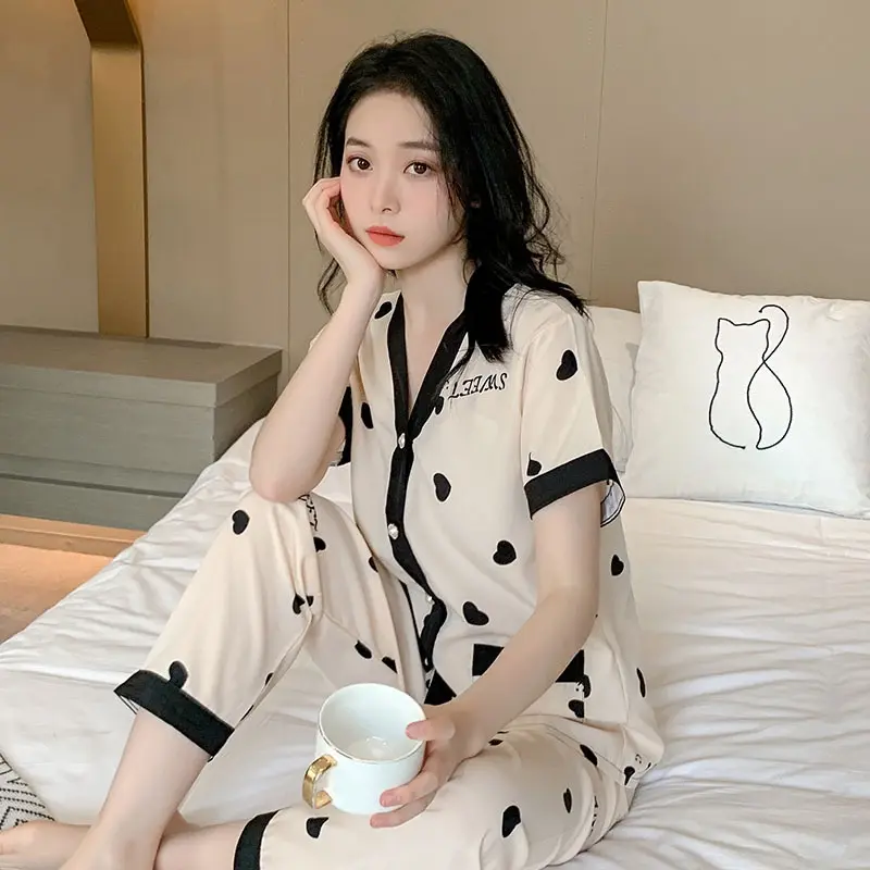Piyama Wanita Dewasa Model Kancing Depan Mewah Lengan Pendek Celana Panjang Import High Quality Sleepwear 5