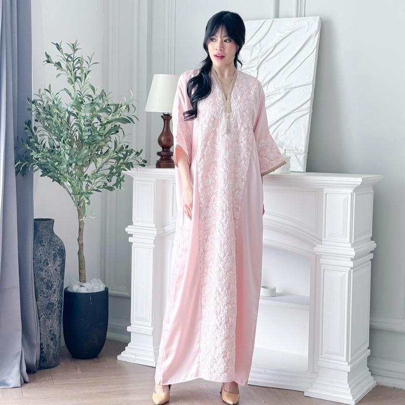 Vay Abaya Satin Soft Pink | Kaftan Abaya Dress Satin Wanita Lebaran Terbaru 2