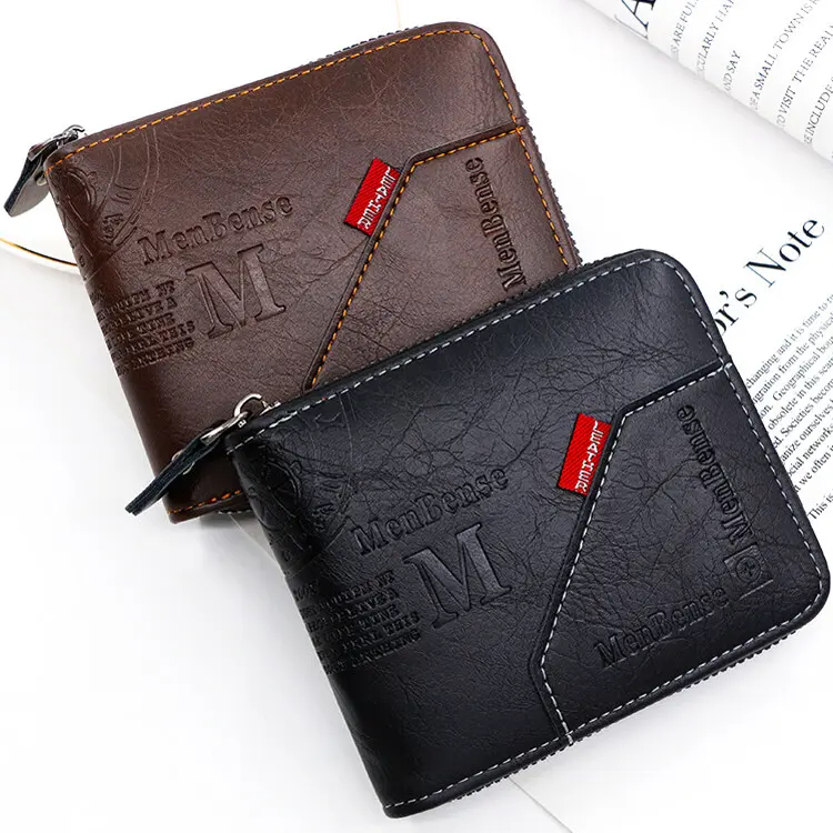 MenBense Men's Wallet Wax Oil PU Leather Wallets Classic Fashion Purse with Coin Pocket Retro Zipper Wallets Large Capacity Korean Style Man's Bag Business Multi-Card Holder Dompet Lelaki Dompet Kulit PU