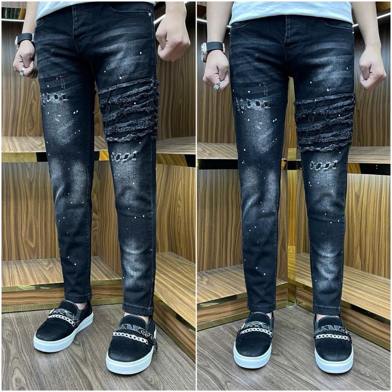 quần Jeans nam đen khuyết tật đen thêu vải đen bốn cúc
