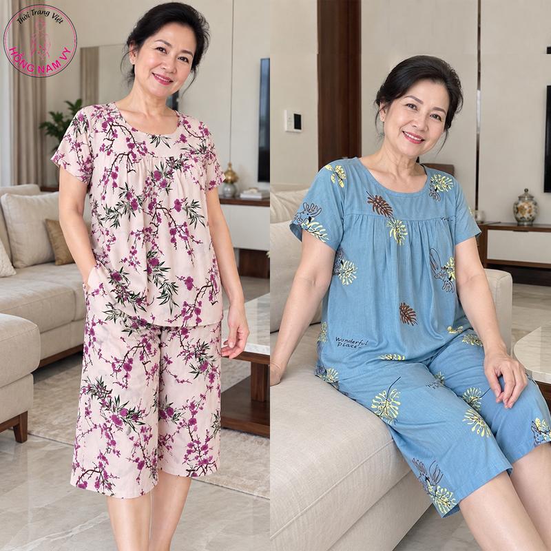 Đồ bộ trung niên tole lanh hai da HỒNG NAM VY lửng ống rộng đẹp mát