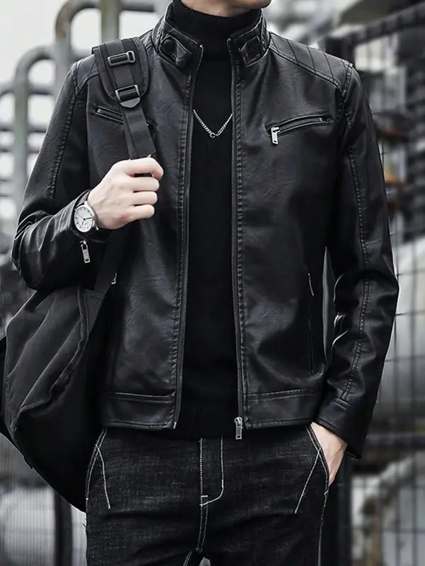JAKET KULIT PRIA tebal  waterproof  keren  hitam  cowok  zipper  distro 8