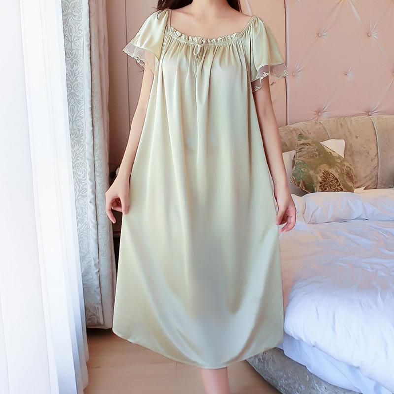 Váy Ngủ Ren Ngoại Cỡ Cho Nữ, Có 10 Màu, Thích Hợp Cho Mùa Hè, Váy Ngủ Satin Ren Mỏng, Màu Trơn ngắn Tay, Đồ Ngủ Thoải Mái 0