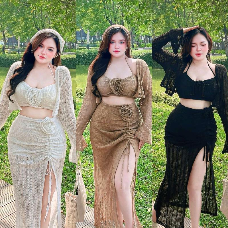 Bộ lưới đi biển bốn món khăn chân váy khoác áo cúp 55-90kg QUỲNH NHƯ BIGSIZE đen nâu trắng Voi Women Nhung Nữ