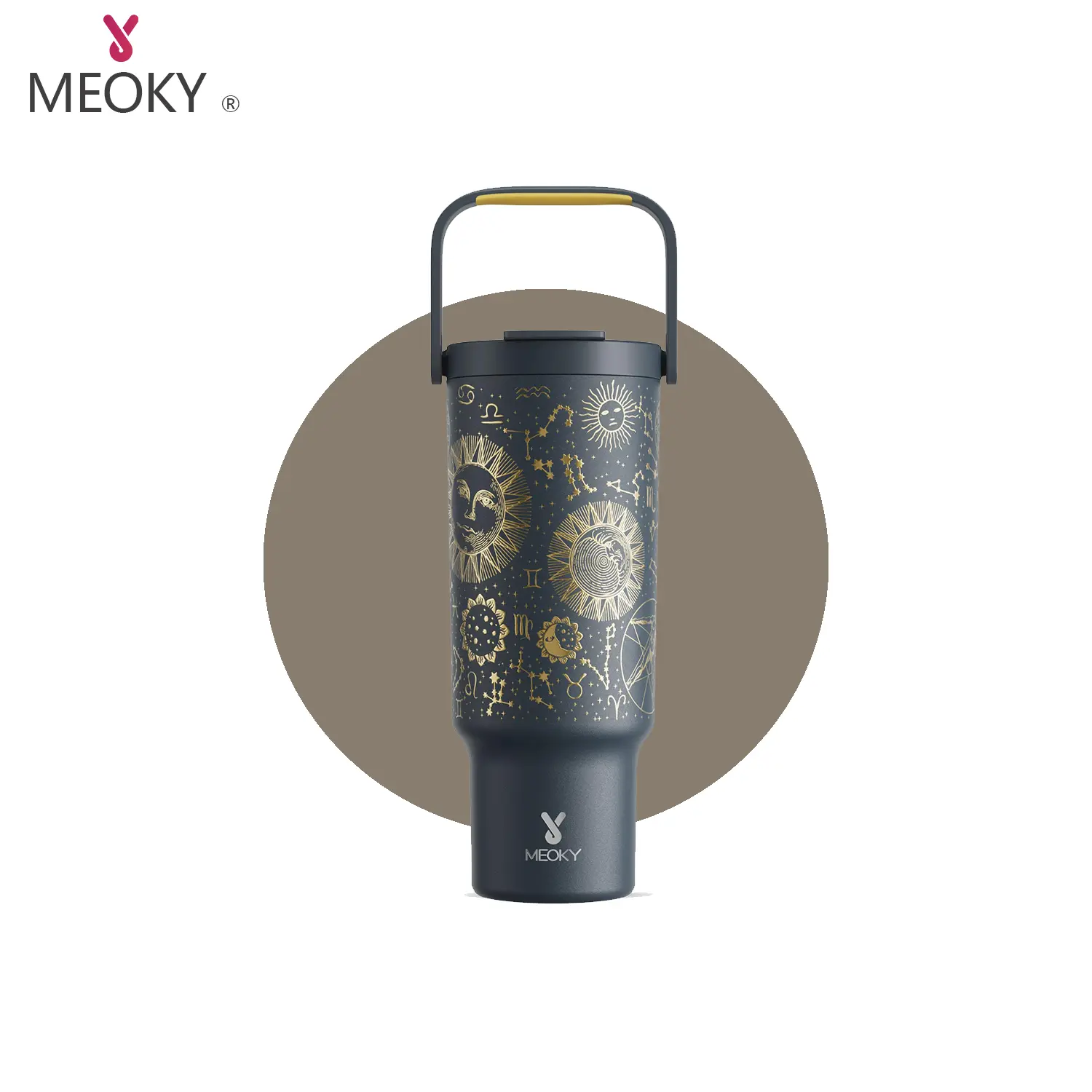 Meoky 40oz (1100 ml) Tumbler dengan Genggaman dan Sedotan, Botol Air Terisolasi, Gelas Perjalanan Stainless Steel, Mempertahankan Kedinginan Selama 24 Jam, Tahan Bocor, Cocok untuk Rak Gelas Mobil