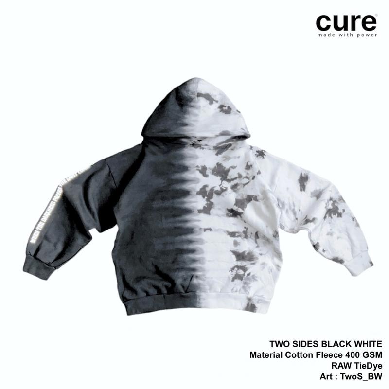 CURE, TWO SIDES BLACK, Hoodie Boxy, Tie Dye, Reflective, Fleece Katun 400 GSM Unisex Distro Keren Hitam 0