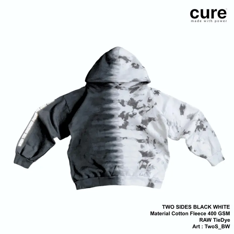 CURE, TWO SIDES BLACK, Hoodie Boxy, Tie Dye, Reflective, Fleece Katun 400 GSM Unisex Distro Keren Hitam 0