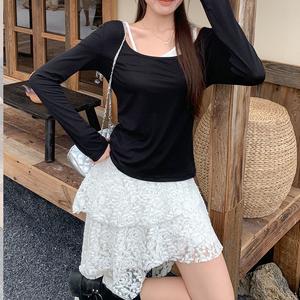 Autumn and winter wear contrast color women's T-shirt, black top long sleeve slim fit, one shoulder off the shoulder top, asymmetrical camisole inner wear bottoming, 2025 new beautiful women's T-shirt top tz09 Womenswear Basic Casual Minimalist