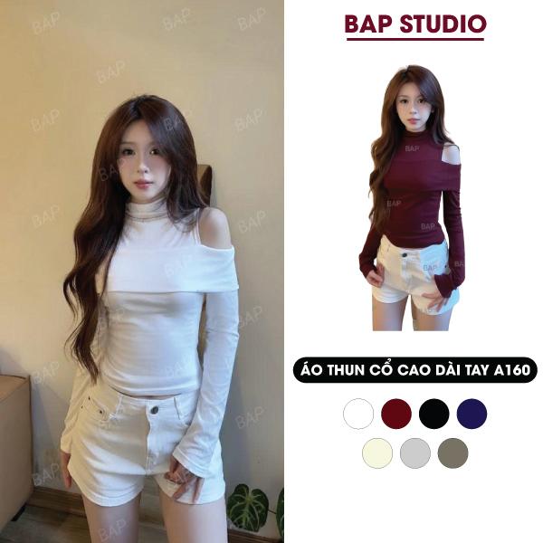 Màu Mới Áo Thun Nữ kiểu NỮ Cổ Cao Tay Dài Có Tà Trước Ngực Siêu Xinh Chất Liệu Cotton Mịn BAPSTUDIO86 A160
